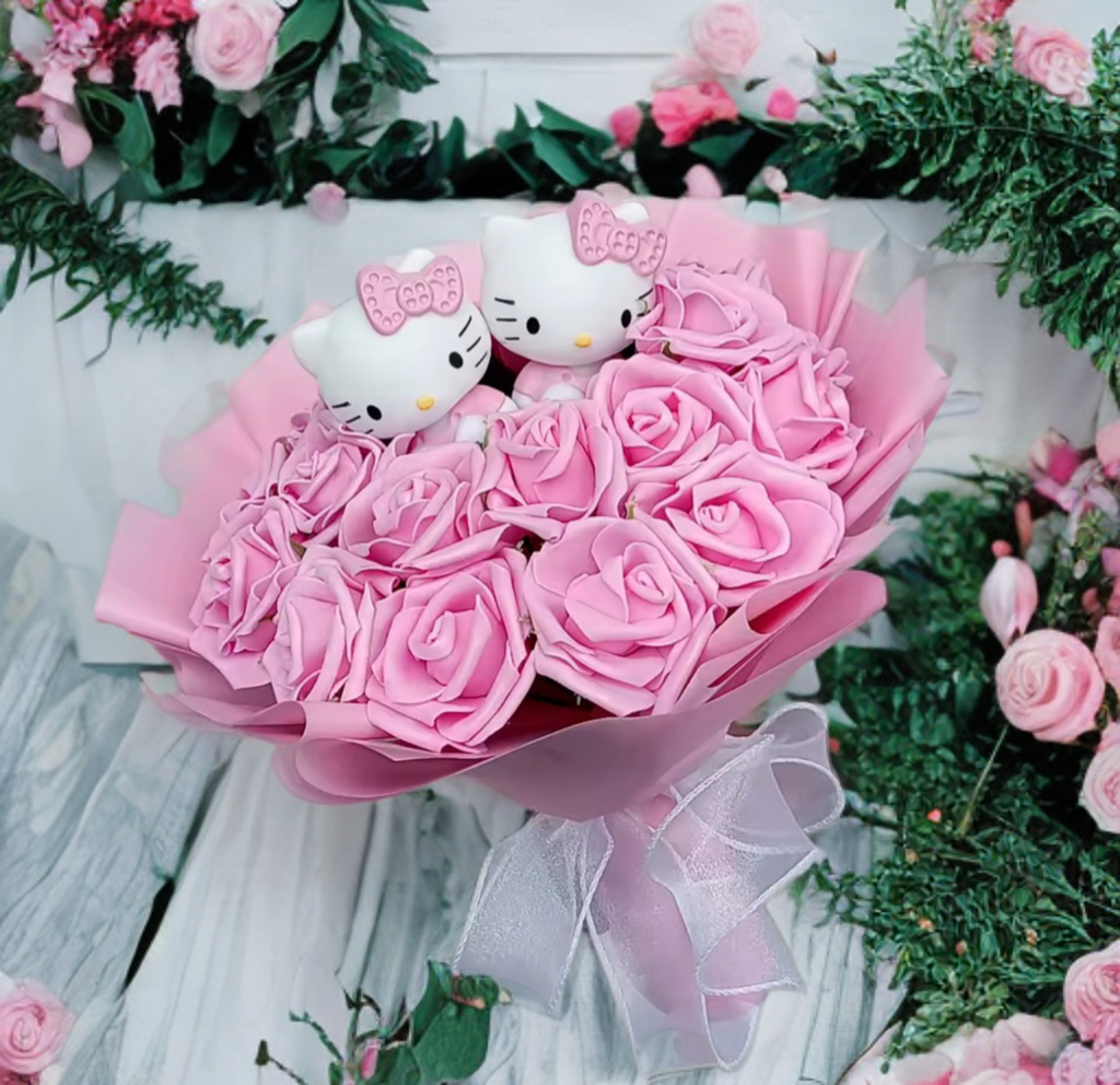 Hello Kitty Cartoon Plush Bouquet  Anime Rose Flowers