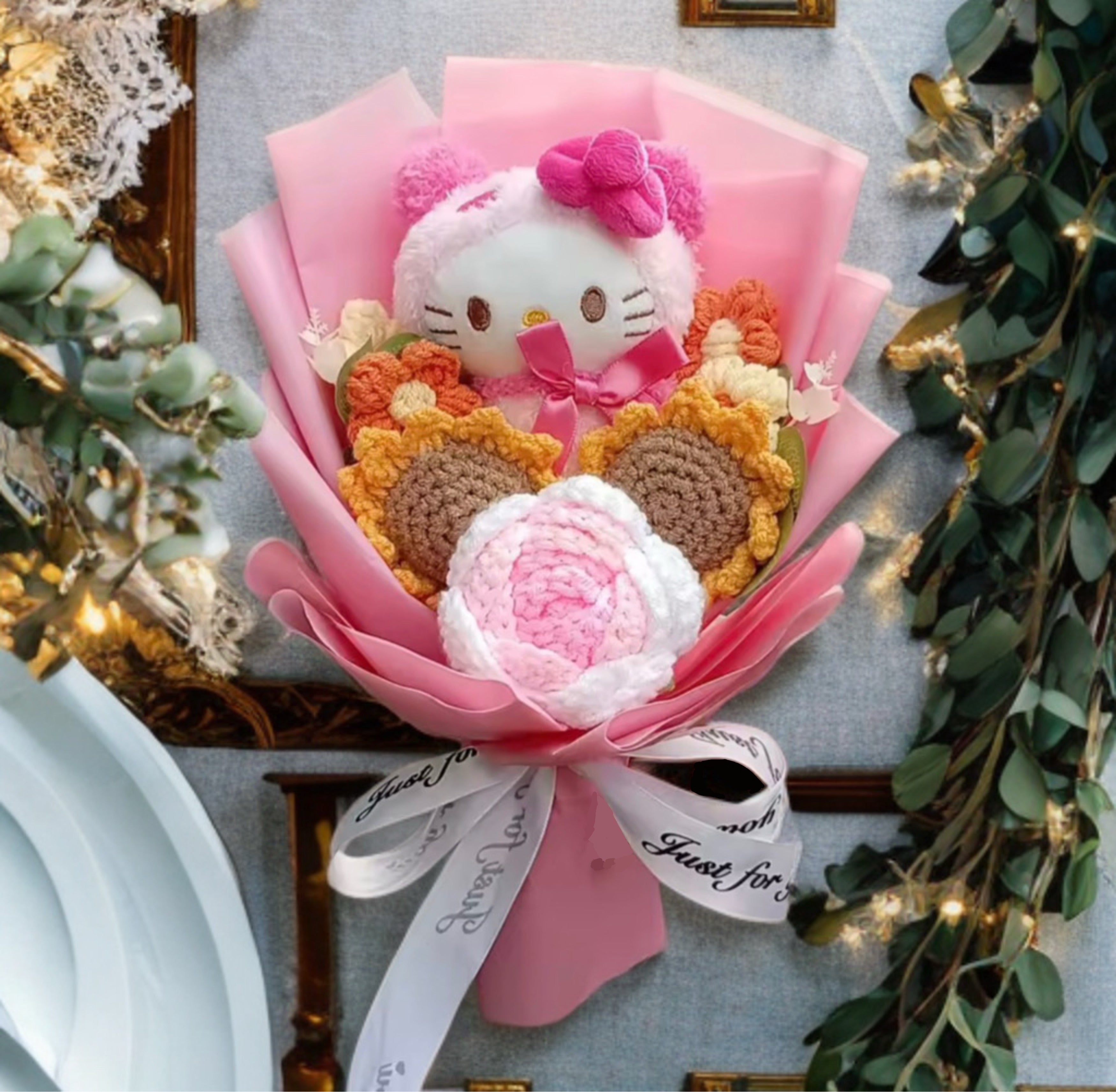 Hello Kitty Cartoon Plush Bouquet  Anime Rose Flowers